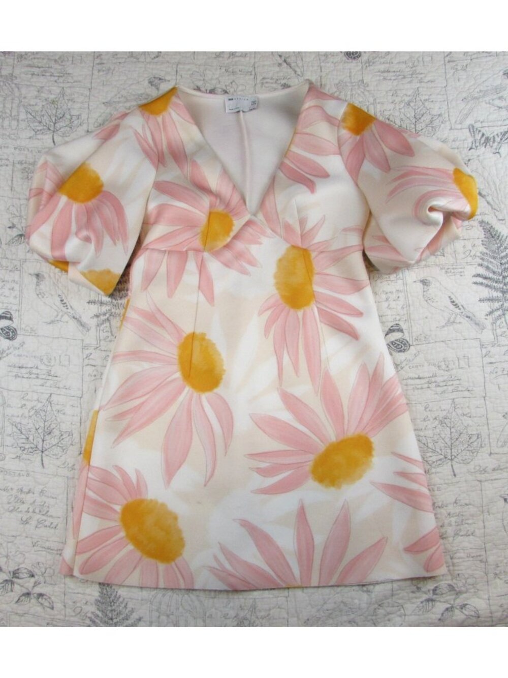 ASOS Mod retro Floral Scuba Puff Sleeve Plunge mini dress wedding guest party 8